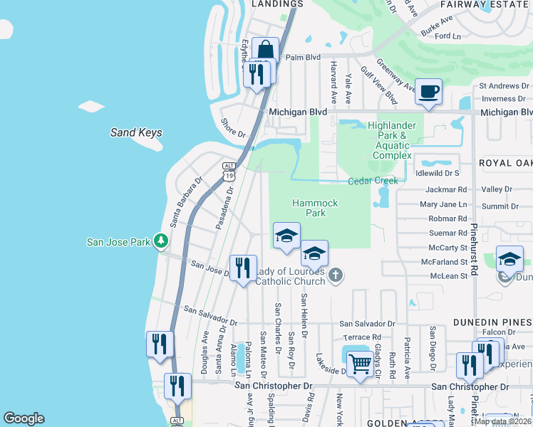map of restaurants, bars, coffee shops, grocery stores, and more near 1837 San Mateo Drive in Dunedin