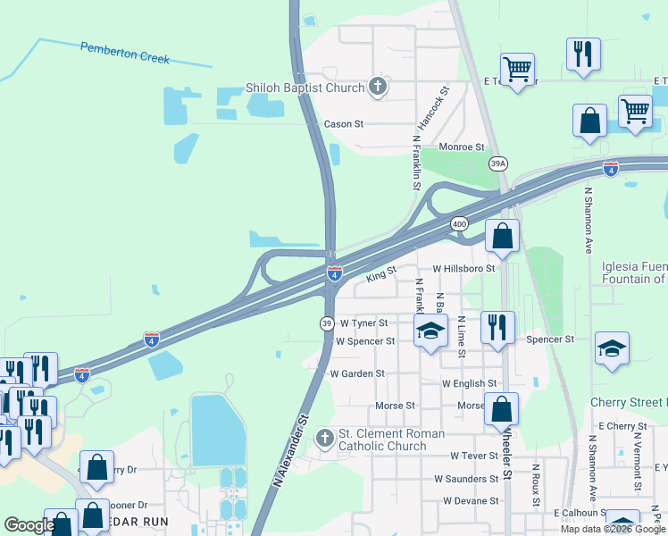 map of restaurants, bars, coffee shops, grocery stores, and more near 555 North Alexander Street in Plant City