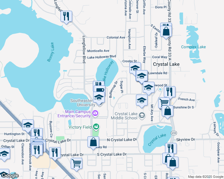 map of restaurants, bars, coffee shops, grocery stores, and more near 984 Buttercup Drive in Lakeland