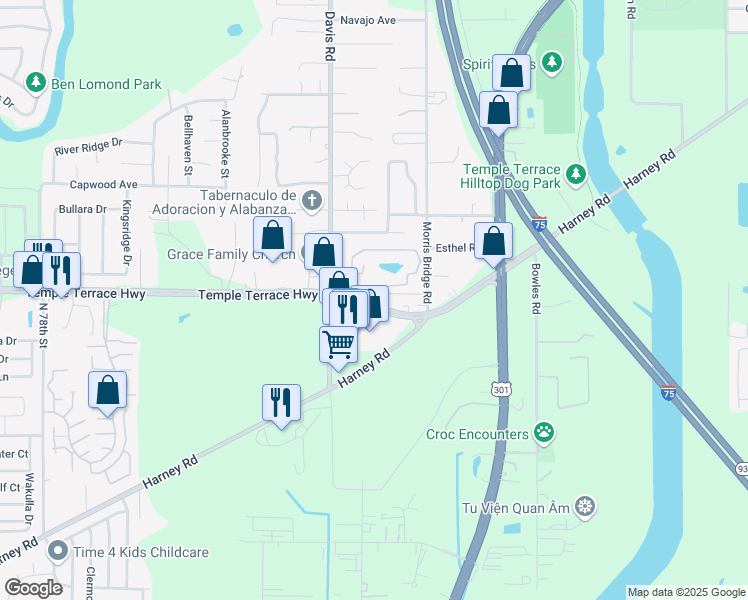 map of restaurants, bars, coffee shops, grocery stores, and more near 8805 Old Temple Terrace Highway in Tampa