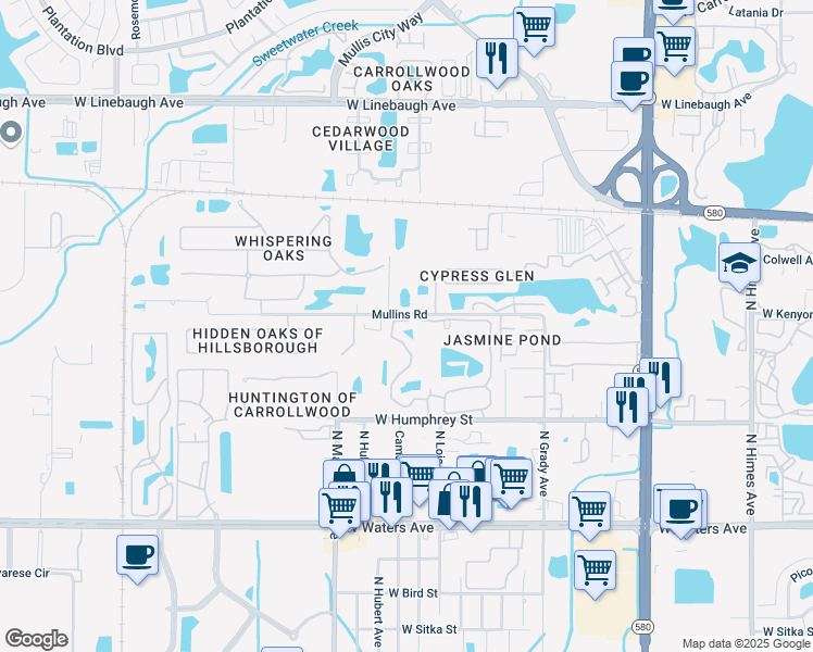map of restaurants, bars, coffee shops, grocery stores, and more near 8713 Fancy Finch Drive in Tampa