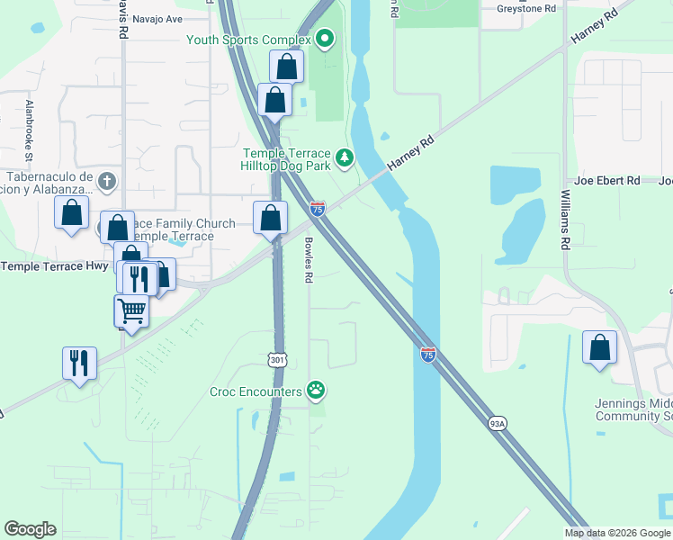map of restaurants, bars, coffee shops, grocery stores, and more near 9109 Back Up Road in Tampa