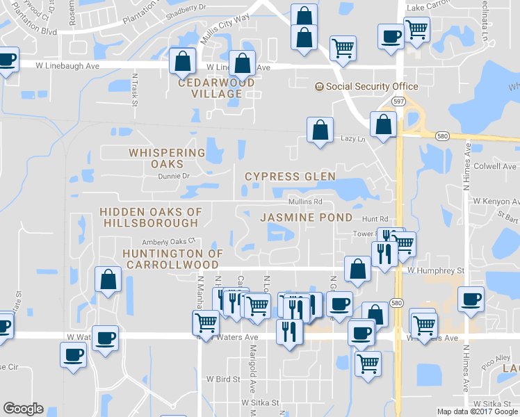 map of restaurants, bars, coffee shops, grocery stores, and more near 8754 Mallard Reserve Drive in Tampa