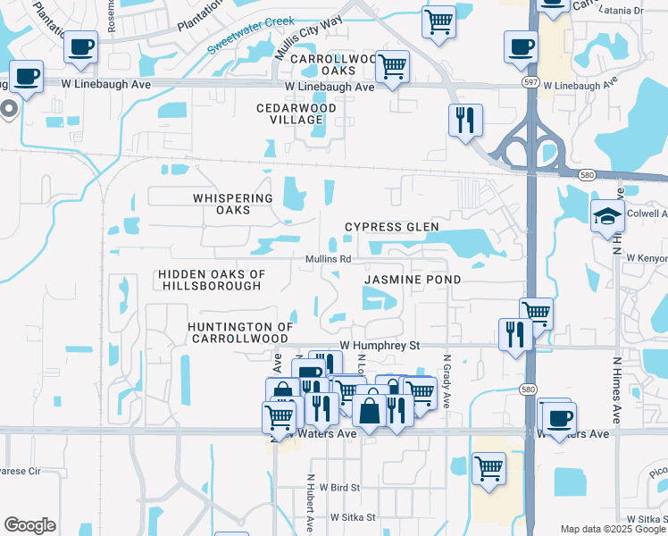 map of restaurants, bars, coffee shops, grocery stores, and more near 8713 Fancy Finch Drive in Tampa