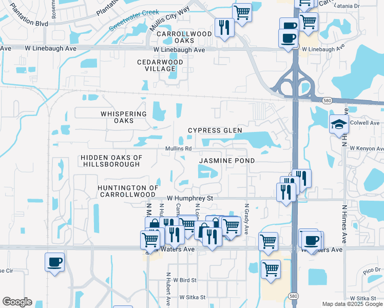 map of restaurants, bars, coffee shops, grocery stores, and more near 8754 Mallard Reserve Drive in Tampa