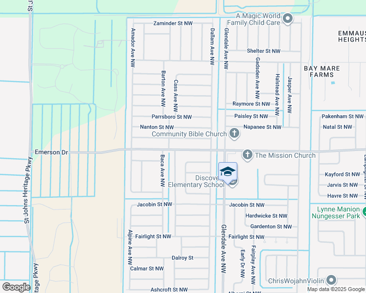 map of restaurants, bars, coffee shops, grocery stores, and more near 59 Emerson Drive Northwest in Palm Bay