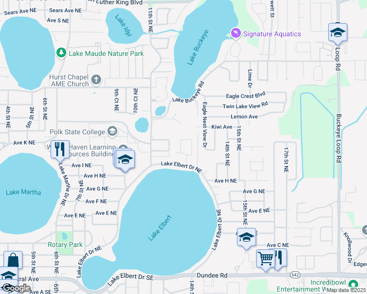 map of restaurants, bars, coffee shops, grocery stores, and more near 232 College Grove Circle Northeast in Winter Haven