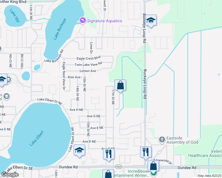 map of restaurants, bars, coffee shops, grocery stores, and more near 727 17th Street Northeast in Winter Haven
