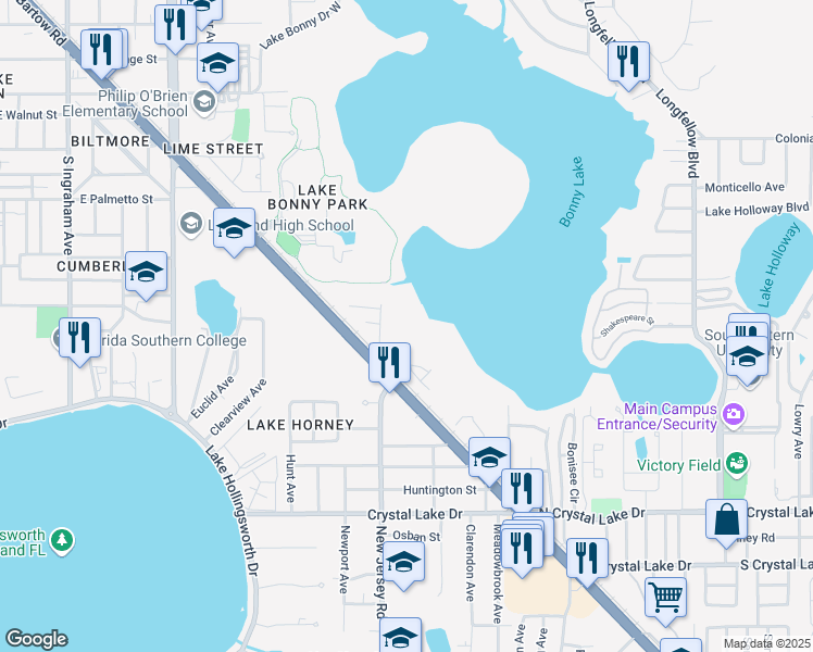map of restaurants, bars, coffee shops, grocery stores, and more near 1106 Bartow Road in Lakeland