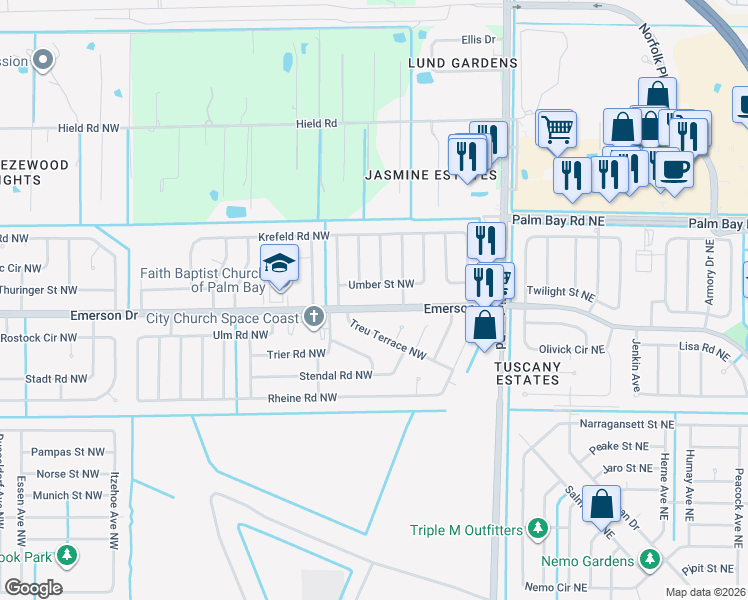 map of restaurants, bars, coffee shops, grocery stores, and more near 360 Emerson Drive Northwest in Palm Bay