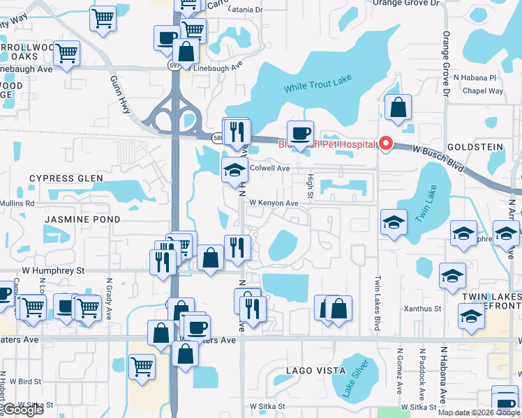 map of restaurants, bars, coffee shops, grocery stores, and more near 3550 Tobago Lane in Tampa