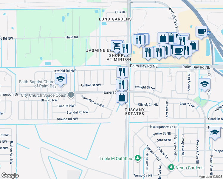 map of restaurants, bars, coffee shops, grocery stores, and more near 391 Emerson Drive Northwest in Palm Bay