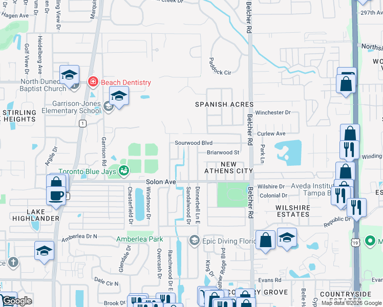 map of restaurants, bars, coffee shops, grocery stores, and more near 1575 Sandalwood Drive in Dunedin