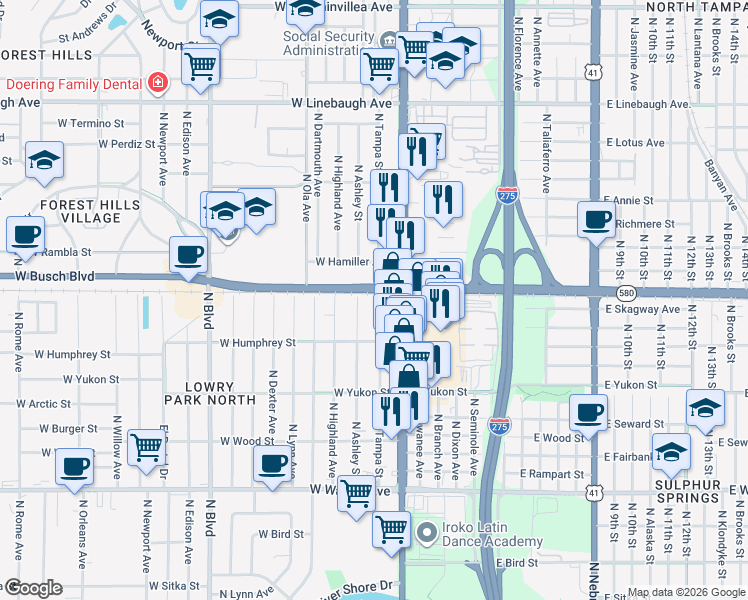 map of restaurants, bars, coffee shops, grocery stores, and more near 8913 North Ashley Street in Tampa