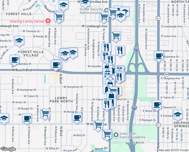 map of restaurants, bars, coffee shops, grocery stores, and more near 8914 N Highland Ave in Tampa
