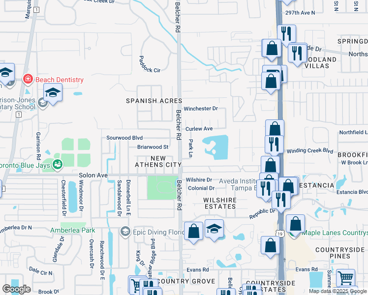 map of restaurants, bars, coffee shops, grocery stores, and more near 3041 Park Lane in Dunedin