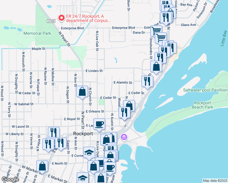 map of restaurants, bars, coffee shops, grocery stores, and more near 1118 East Cedar Street in Rockport