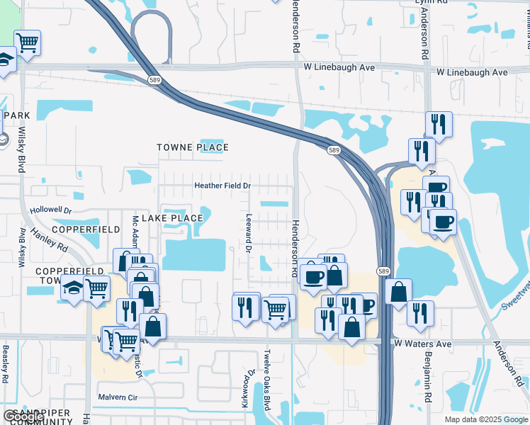 map of restaurants, bars, coffee shops, grocery stores, and more near 8814 Rockshire Court in Tampa