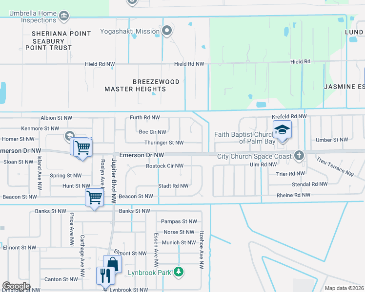 map of restaurants, bars, coffee shops, grocery stores, and more near 698 Thuringer Street Northwest in Palm Bay