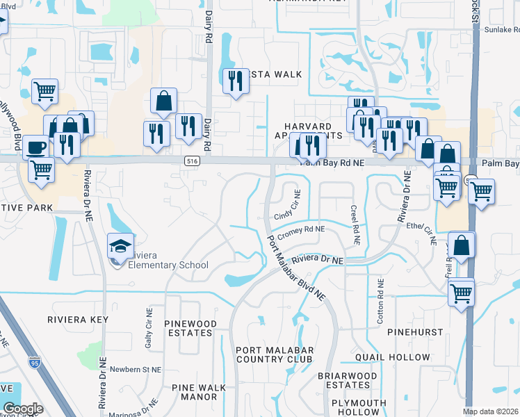 map of restaurants, bars, coffee shops, grocery stores, and more near 1205 Stardust Court in Palm Bay