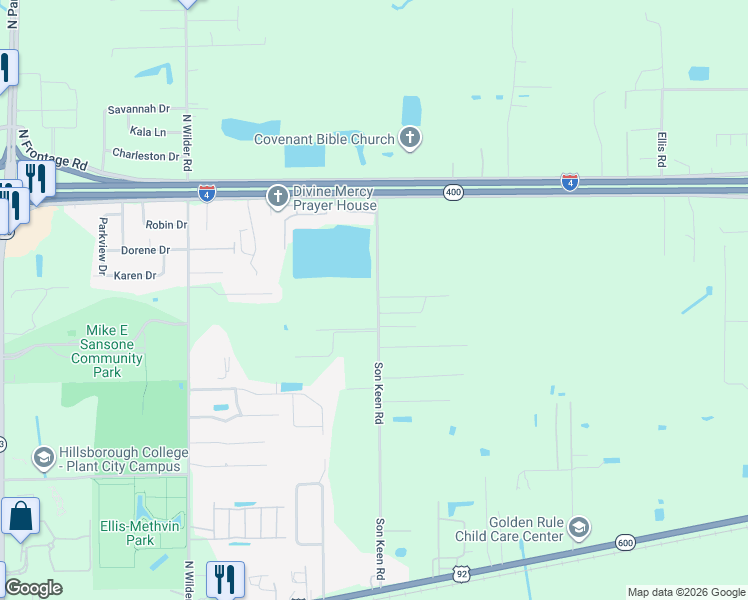 map of restaurants, bars, coffee shops, grocery stores, and more near 720 Son Keen Road in Plant City