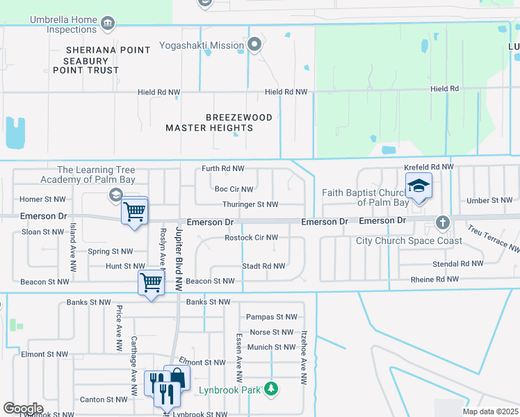 map of restaurants, bars, coffee shops, grocery stores, and more near 740 Thuringer Street Northwest in Palm Bay