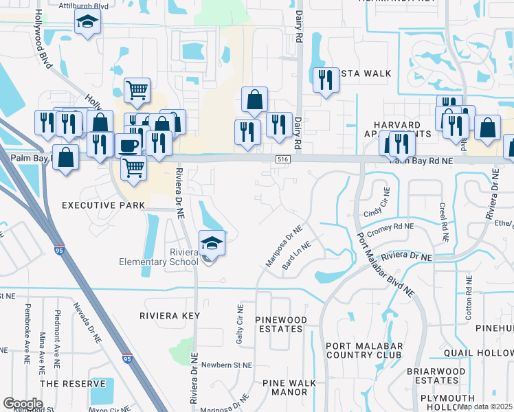 map of restaurants, bars, coffee shops, grocery stores, and more near 1470 Malibu Circle Northeast in Palm Bay