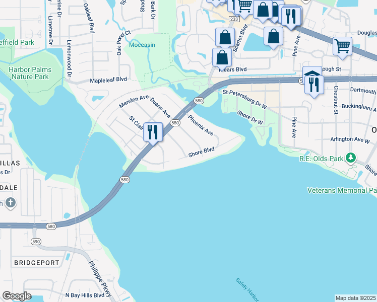 map of restaurants, bars, coffee shops, grocery stores, and more near 3765 Shore Boulevard in Oldsmar