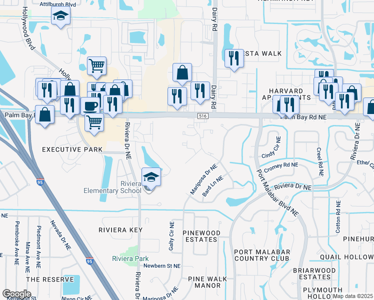 map of restaurants, bars, coffee shops, grocery stores, and more near 1030 Abada Court Northeast in Palm Bay