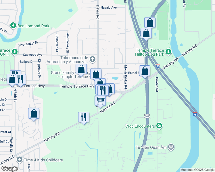 map of restaurants, bars, coffee shops, grocery stores, and more near 8805 Old Temple Terrace Highway in Tampa