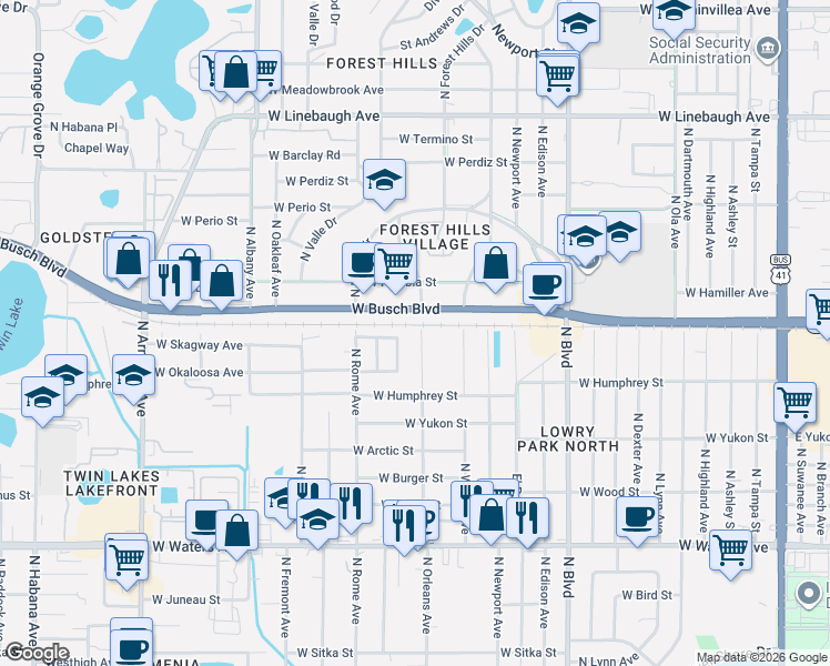 map of restaurants, bars, coffee shops, grocery stores, and more near 8913 North Orleans Avenue in Tampa