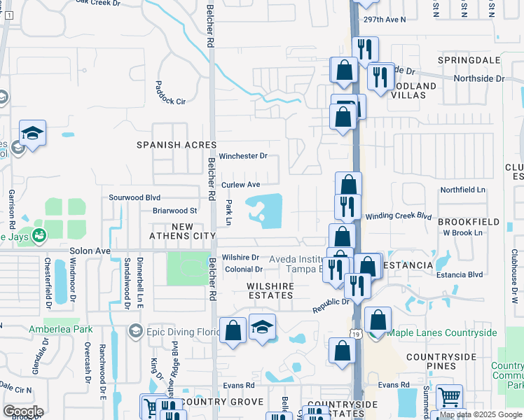 map of restaurants, bars, coffee shops, grocery stores, and more near 3033 Park Lane in Dunedin