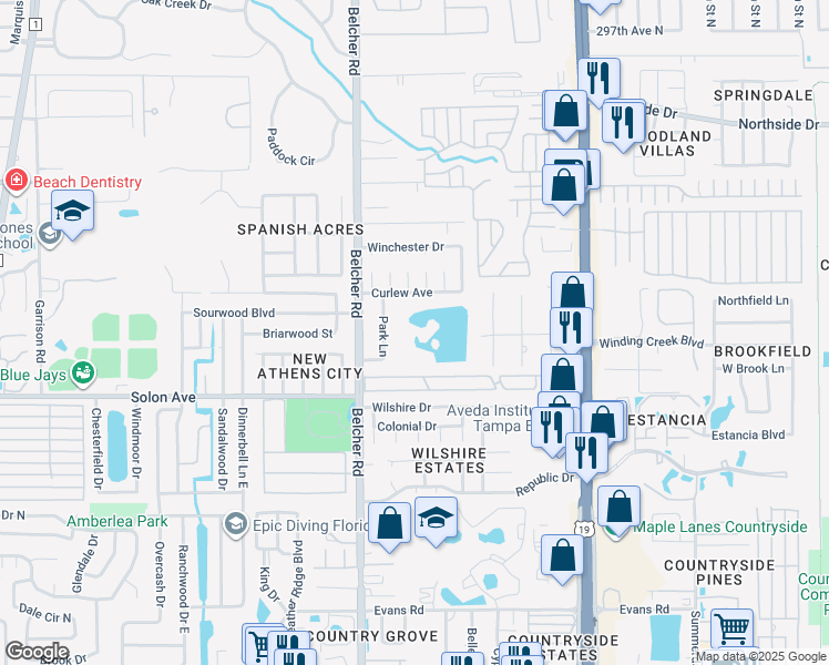 map of restaurants, bars, coffee shops, grocery stores, and more near 3033 Park Lane in Dunedin