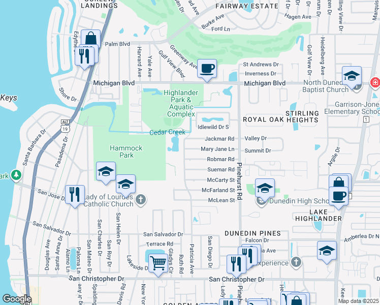 map of restaurants, bars, coffee shops, grocery stores, and more near 1011 Robmar Road in Dunedin