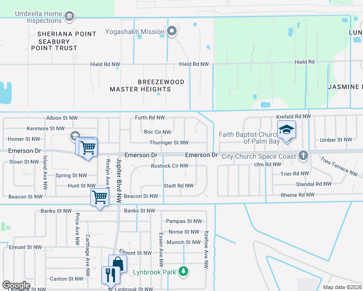 map of restaurants, bars, coffee shops, grocery stores, and more near 712 Thuringer Street Northwest in Palm Bay