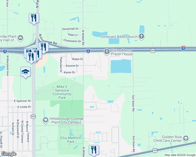 map of restaurants, bars, coffee shops, grocery stores, and more near 2711 Wilder Reserve Drive in Plant City