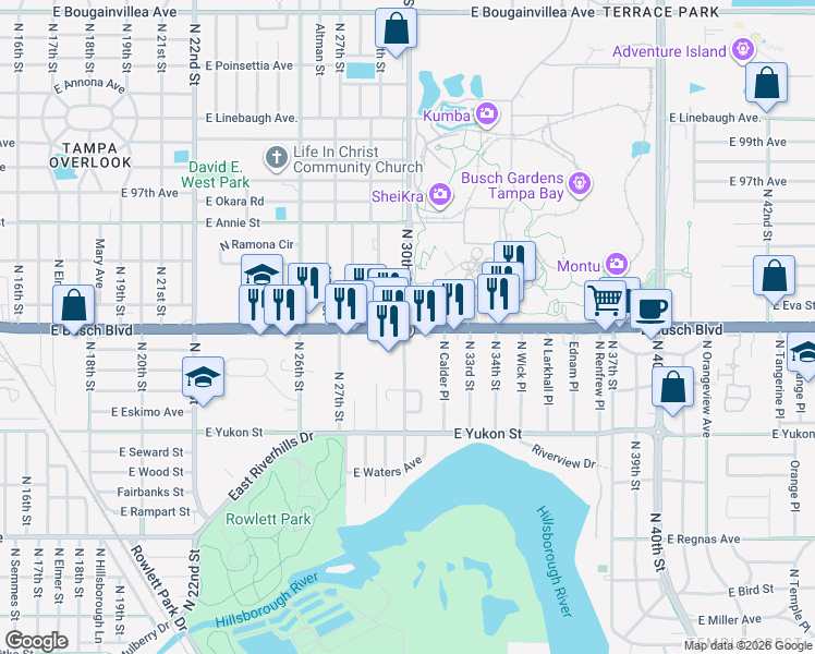 map of restaurants, bars, coffee shops, grocery stores, and more near E Busch Blvd & N 30th St in Tampa