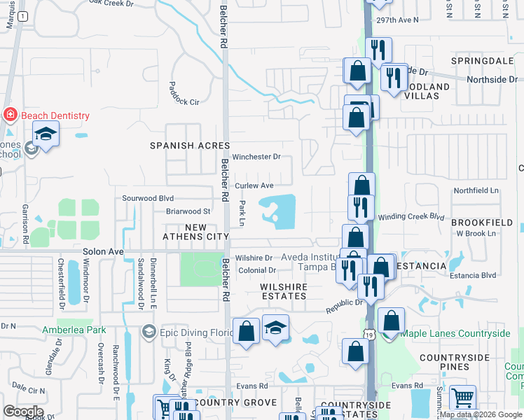 map of restaurants, bars, coffee shops, grocery stores, and more near 3083 Park Lane in Dunedin