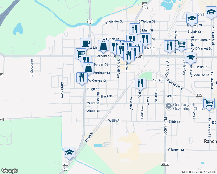 map of restaurants, bars, coffee shops, grocery stores, and more near 505 Rowlett Avenue in Sinton