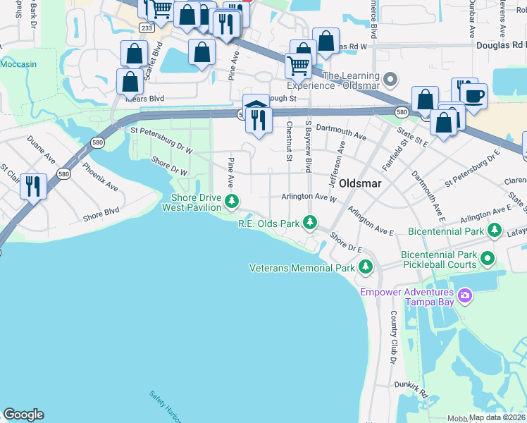map of restaurants, bars, coffee shops, grocery stores, and more near 400 Shore Drive West in Oldsmar