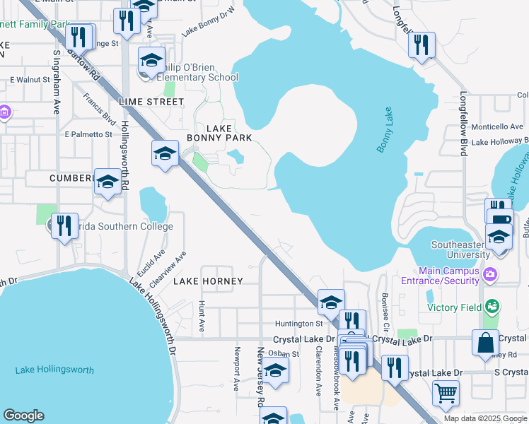 map of restaurants, bars, coffee shops, grocery stores, and more near 947 Bartow Road in Lakeland