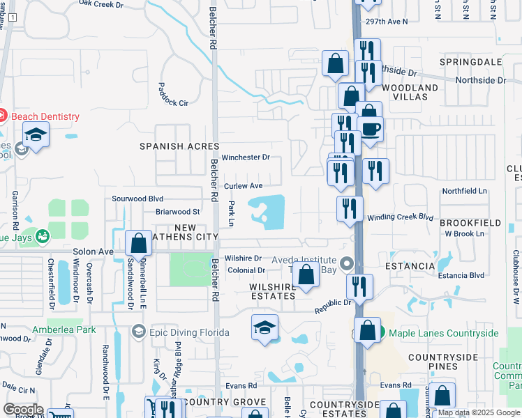 map of restaurants, bars, coffee shops, grocery stores, and more near 3033 Park Lane in Dunedin