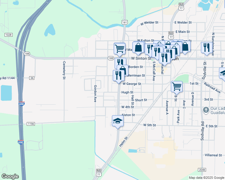 map of restaurants, bars, coffee shops, grocery stores, and more near 631 Hugh Street in Sinton