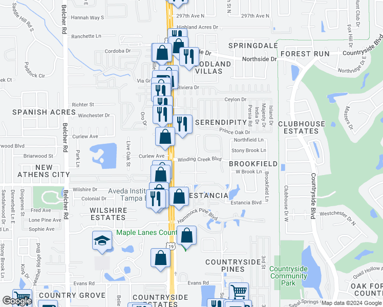 map of restaurants, bars, coffee shops, grocery stores, and more near 2440 Winding Creek Boulevard in Clearwater