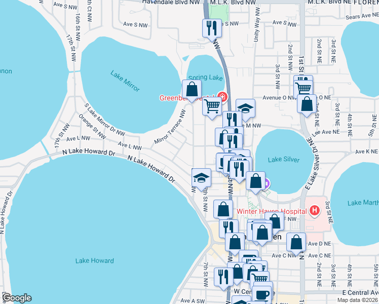 map of restaurants, bars, coffee shops, grocery stores, and more near 1051 8th Street Northwest in Winter Haven