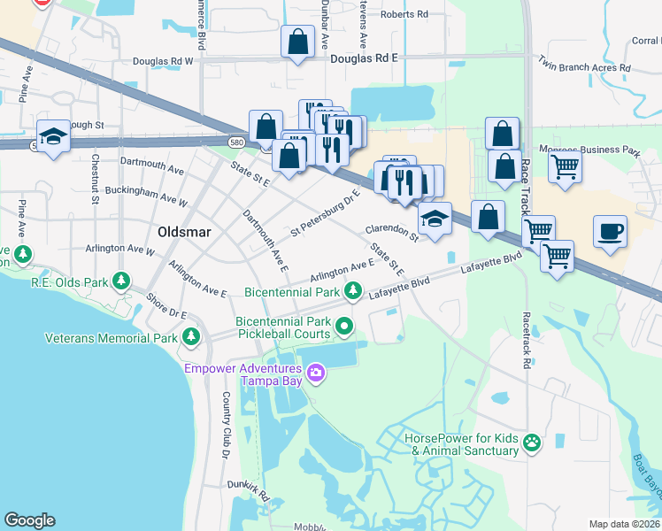 map of restaurants, bars, coffee shops, grocery stores, and more near 507 Arlington Ave E in Oldsmar