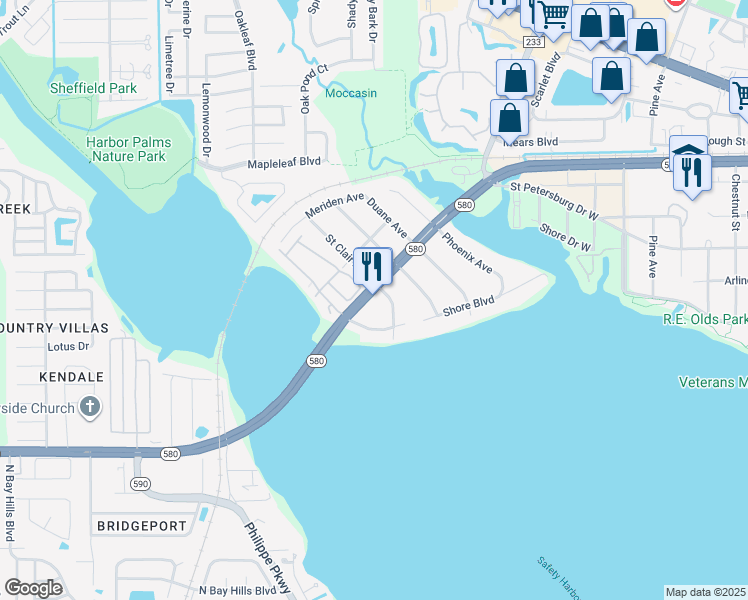 map of restaurants, bars, coffee shops, grocery stores, and more near 580 State Street West in Oldsmar