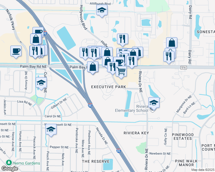 map of restaurants, bars, coffee shops, grocery stores, and more near 1451 Executive Circle Northeast in Palm Bay