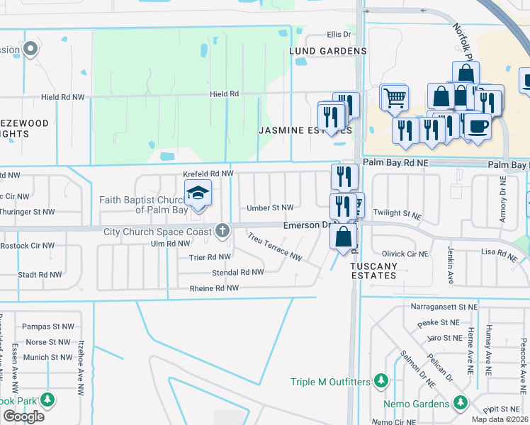 map of restaurants, bars, coffee shops, grocery stores, and more near 1317 Roundhill Avenue Northwest in Palm Bay