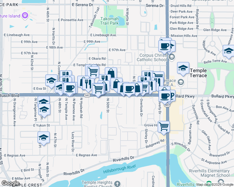 map of restaurants, bars, coffee shops, grocery stores, and more near 5012 Chalet Court in Tampa